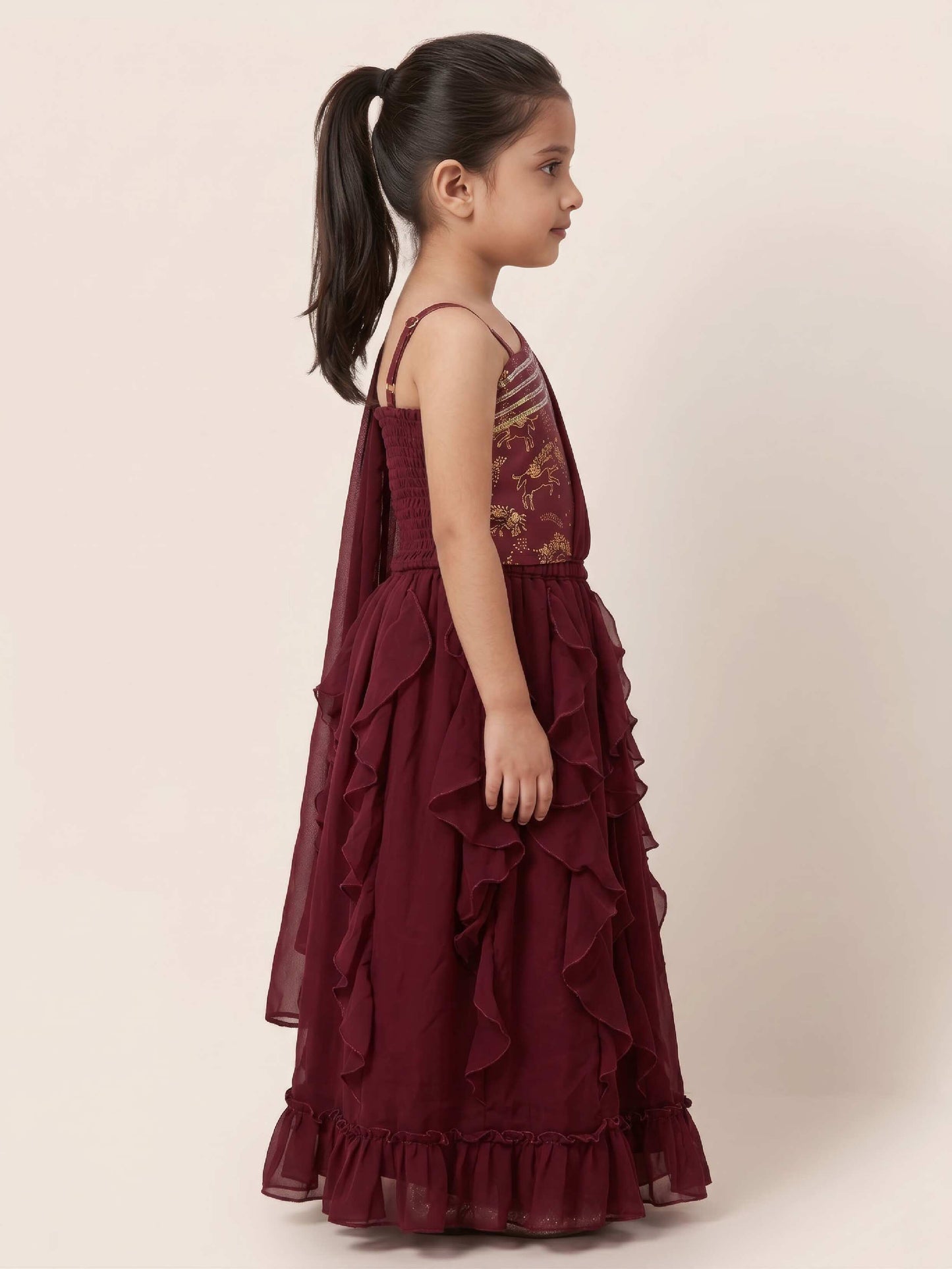 Elaisha Girls One-Shoulder Unicorn Printed Top with Draped Dupatta and Ruffled Skirt Set - Maroon