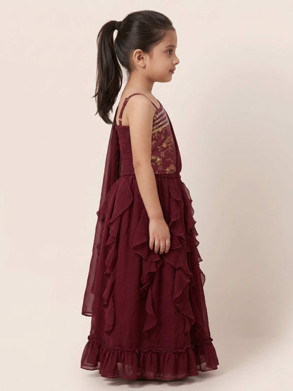 Elaisha Girls One-Shoulder Unicorn Printed Top with Draped Dupatta and Ruffled Skirt Set - Maroon