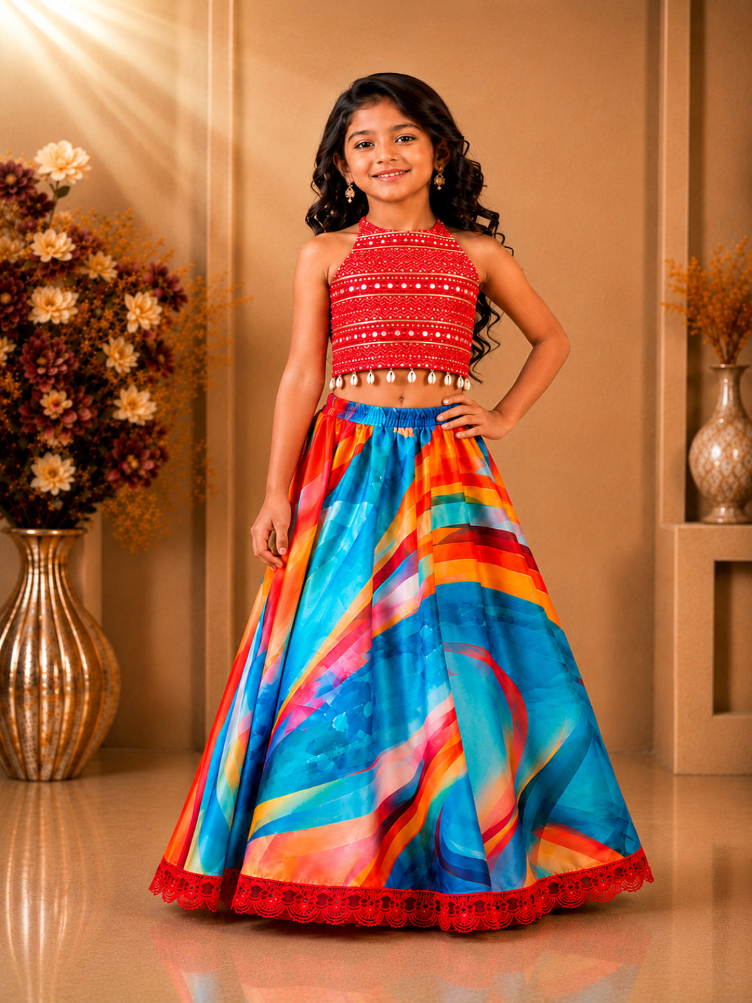 Elaisha Girls Woven Sleeveless All Over Embroidered Kuadi Attached Top With  Printed Lehenga -Red & Blue