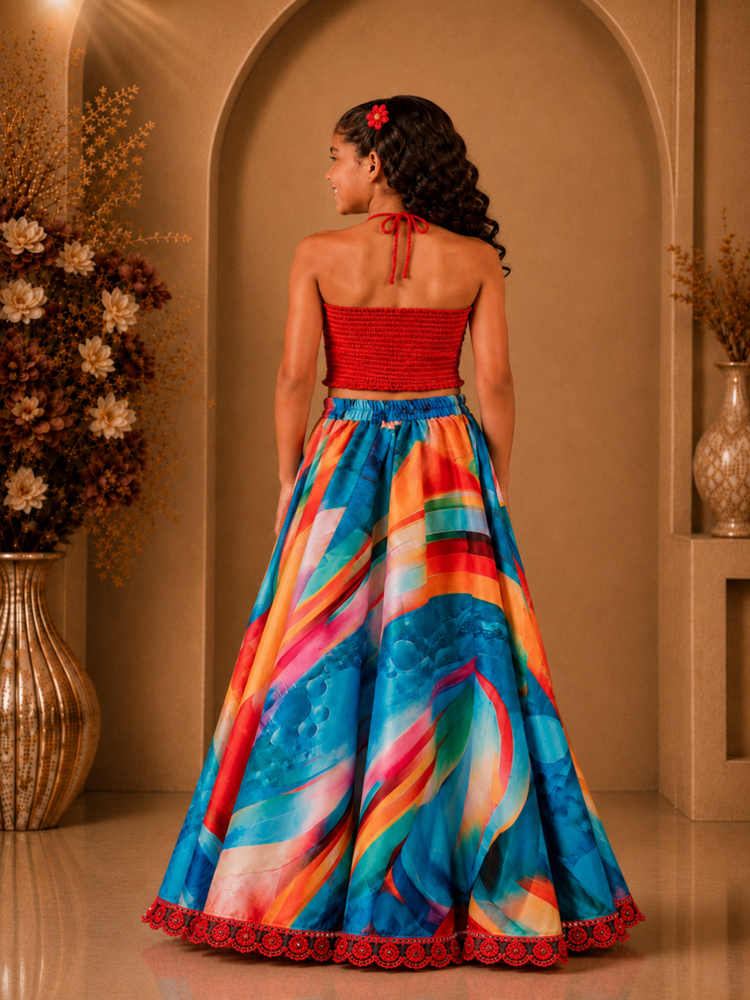 Elaisha Girls Woven Sleeveless All Over Embroidered Kuadi Attached Top With  Printed Lehenga -Red & Blue