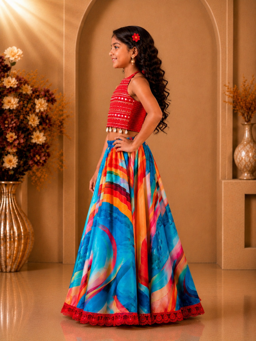 Elaisha Girls Woven Sleeveless All Over Embroidered Kuadi Attached Top With  Printed Lehenga -Red & Blue