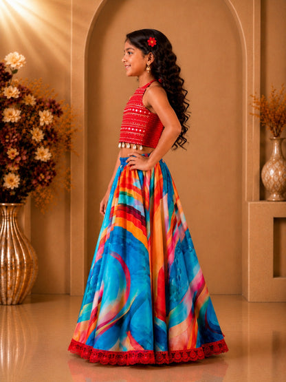 Elaisha Girls Woven Sleeveless All Over Embroidered Kuadi Attached Top With  Printed Lehenga -Red & Blue