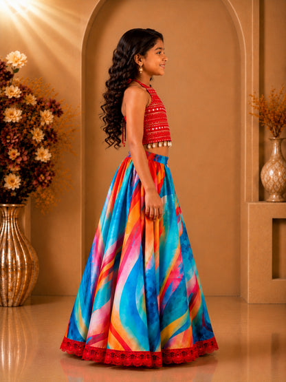 Elaisha Girls Woven Sleeveless All Over Embroidered Kuadi Attached Top With  Printed Lehenga -Red & Blue