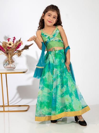 Elaisha Girls Spaghetti-Strap Top with Criss-Cross Design & Skirt with Net Dupatta Set - Sea Green & Lime Green