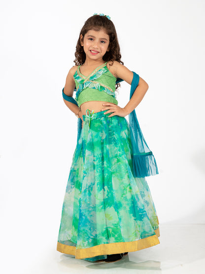 Elaisha Girls Spaghetti-Strap Top with Criss-Cross Design & Skirt with Net Dupatta Set - Sea Green & Lime Green