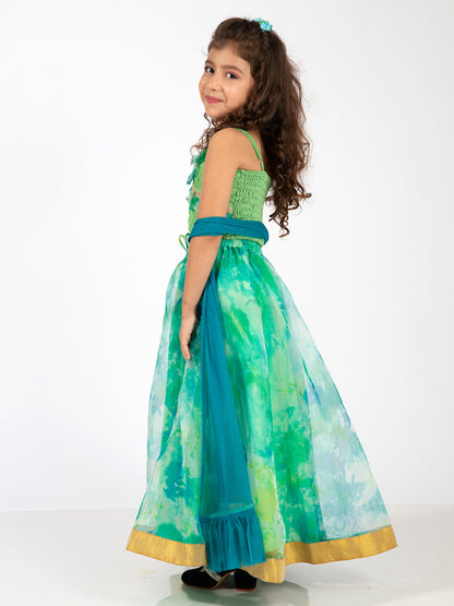 Elaisha Girls Spaghetti-Strap Top with Criss-Cross Design & Skirt with Net Dupatta Set - Sea Green & Lime Green