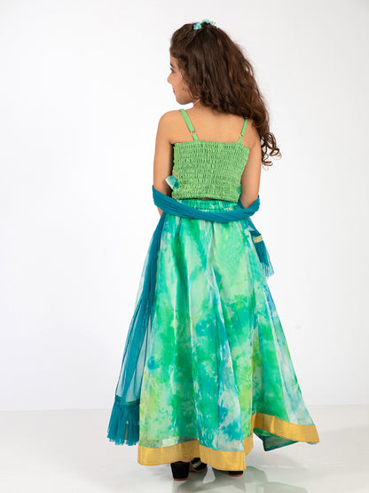 Elaisha Girls Spaghetti-Strap Top with Criss-Cross Design & Skirt with Net Dupatta Set - Sea Green & Lime Green