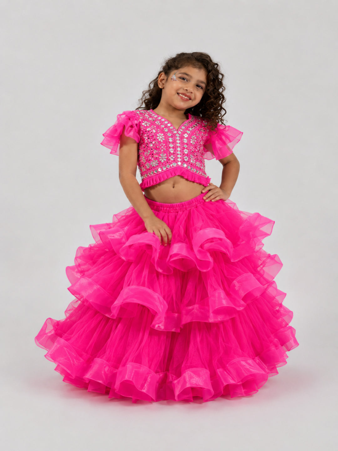 Elaisha Girls Woven Short Ruffle Sleeve Embellished Top With Lehenga Set Set - Pink