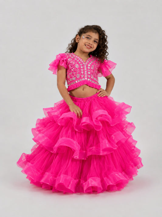 Elaisha Girls Woven Short Ruffle Sleeve Embellished Top With Lehenga Set Set - Pink