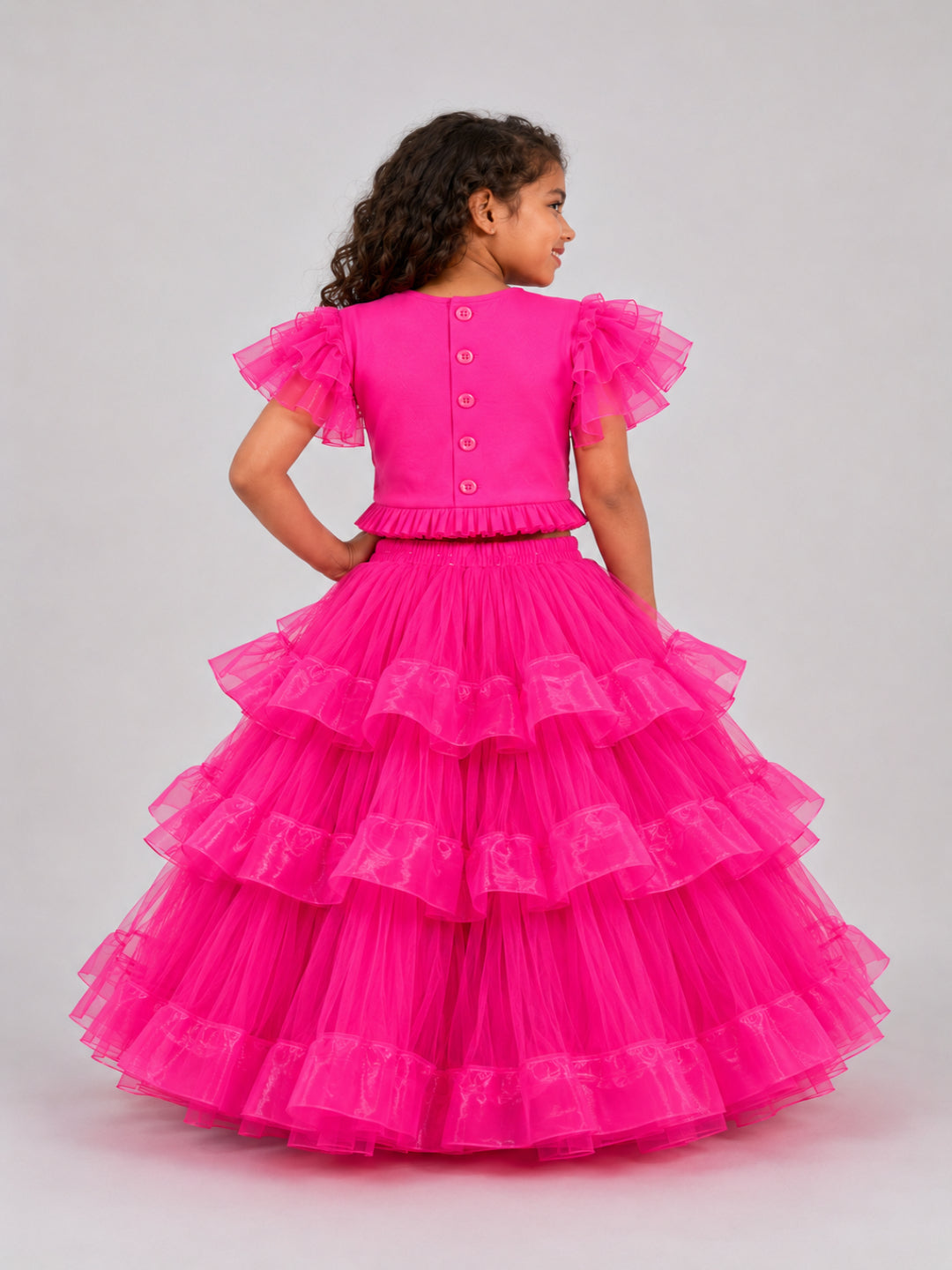 Elaisha Girls Woven Short Ruffle Sleeve Embellished Top With Lehenga Set Set - Pink