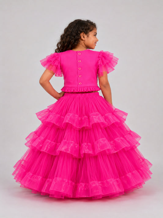 Elaisha Girls Woven Short Ruffle Sleeve Embellished Top With Lehenga Set Set - Pink