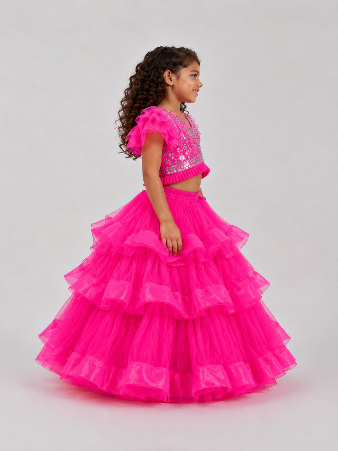 Elaisha Girls Woven Short Ruffle Sleeve Embellished Top With Lehenga Set Set - Pink