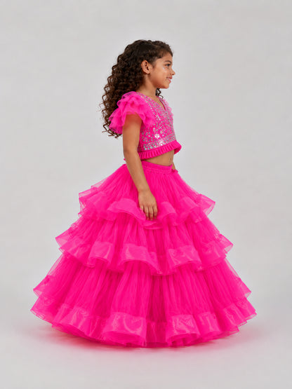 Elaisha Girls Woven Short Ruffle Sleeve Embellished Top With Lehenga Set Set - Pink