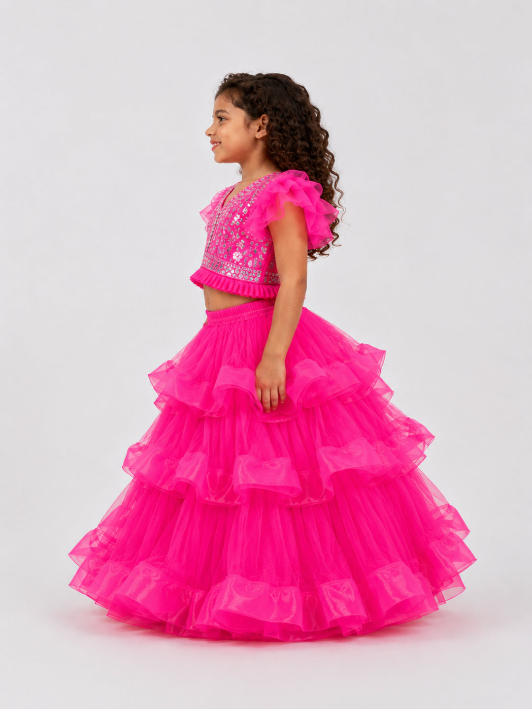 Elaisha Girls Woven Short Ruffle Sleeve Embellished Top With Lehenga Set Set - Pink