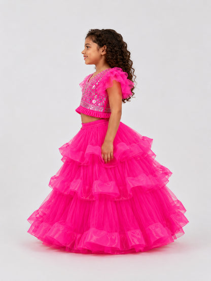 Elaisha Girls Woven Short Ruffle Sleeve Embellished Top With Lehenga Set Set - Pink
