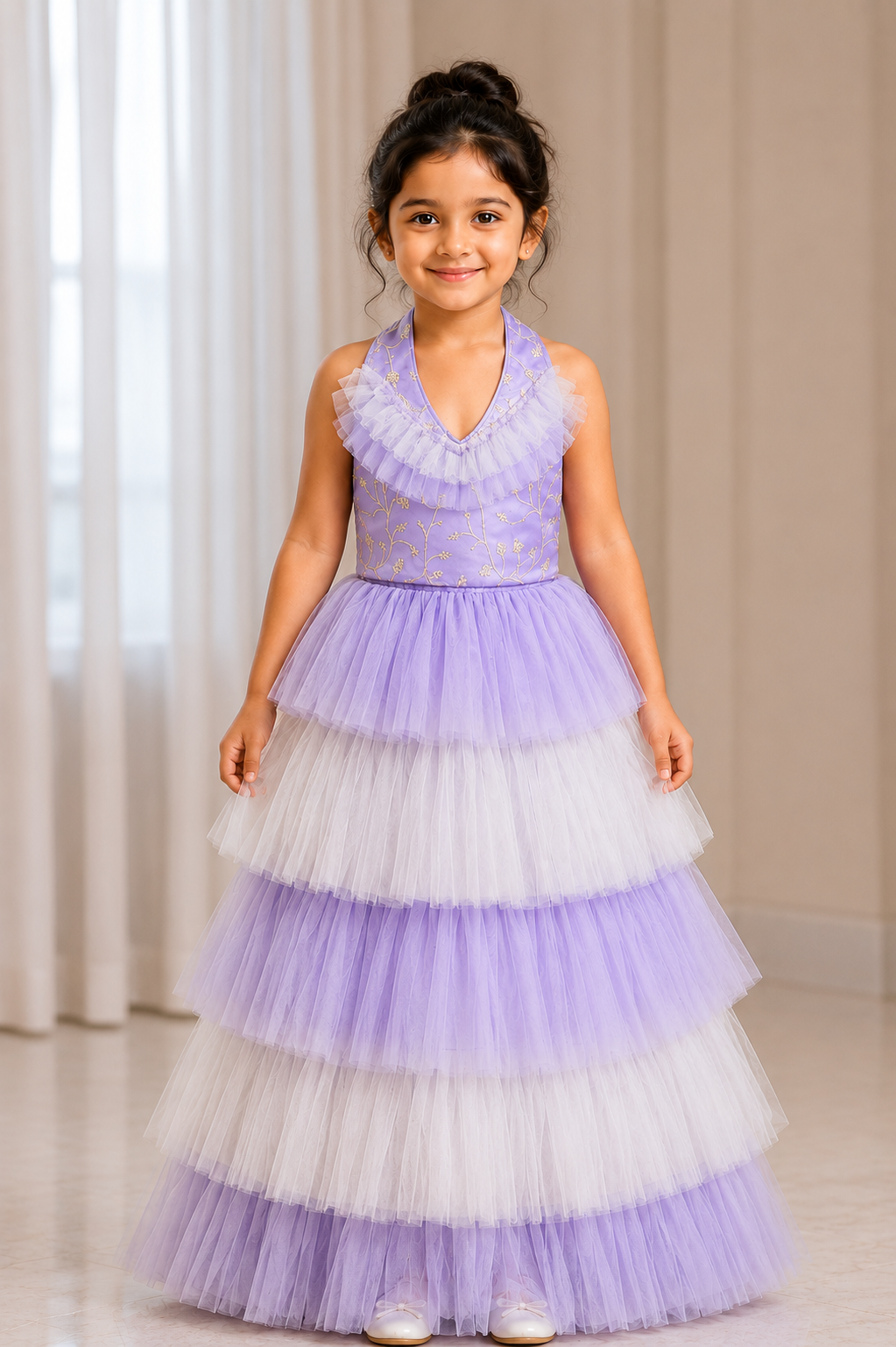 Elaisha Woven Sleeveless All Over Embroidered Top With Lehenga Set - Lavender & White