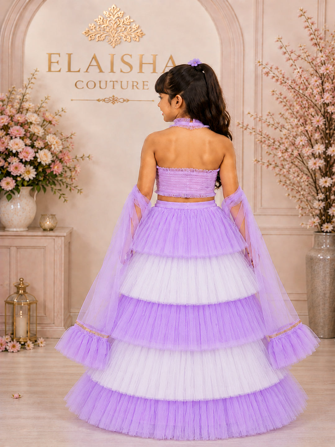 Elaisha Woven Sleeveless All Over Embroidered Top With Lehenga Set - Lavender & White