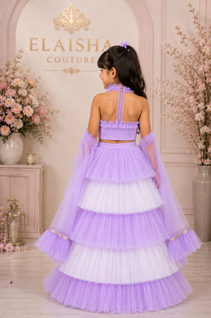 Elaisha Woven Sleeveless All Over Embroidered Top With Lehenga Set - Lavender & White