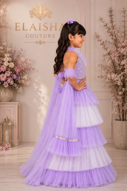 Elaisha Woven Sleeveless All Over Embroidered Top With Lehenga Set - Lavender & White