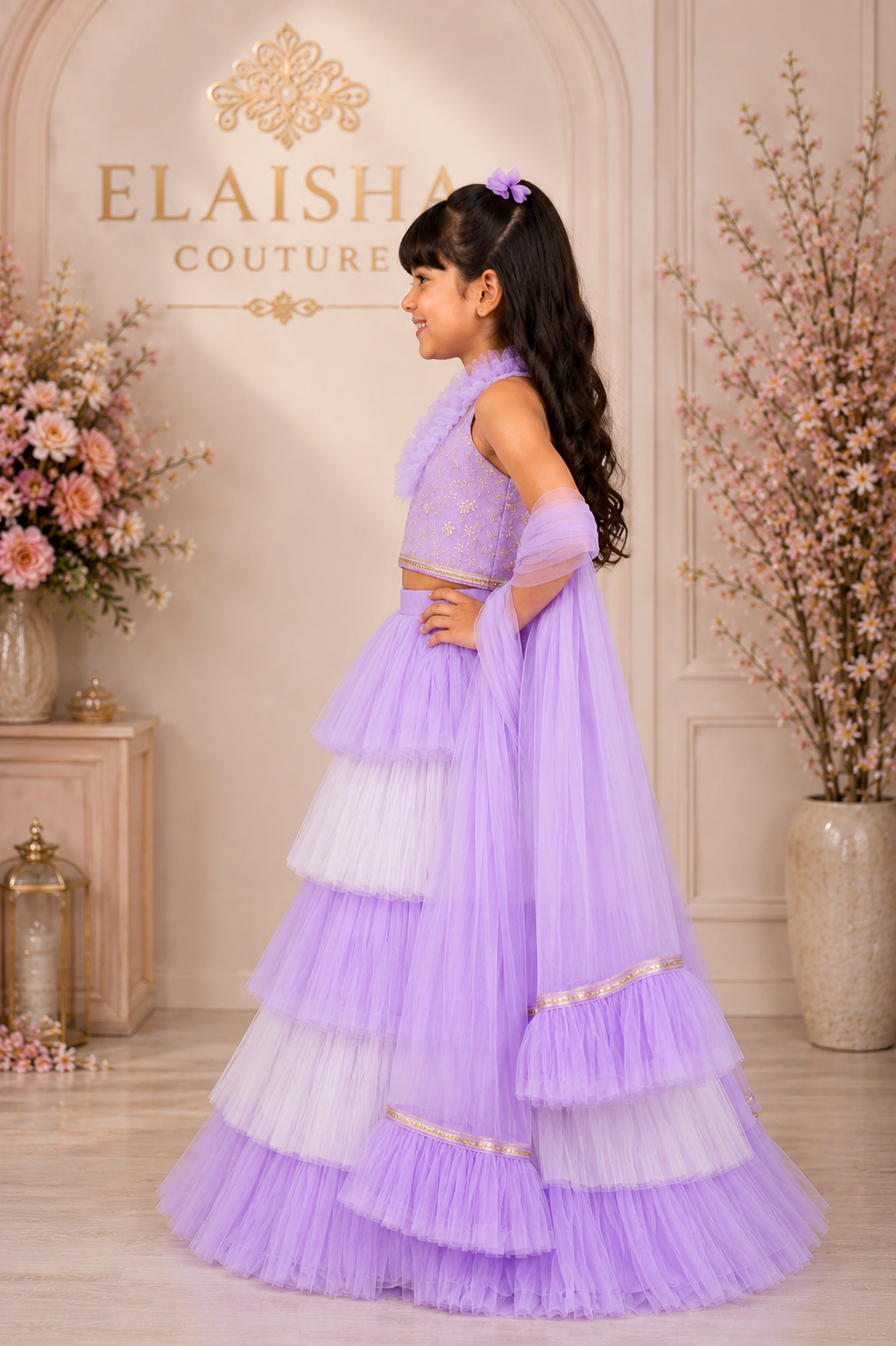 Elaisha Woven Sleeveless All Over Embroidered Top With Lehenga Set - Lavender & White