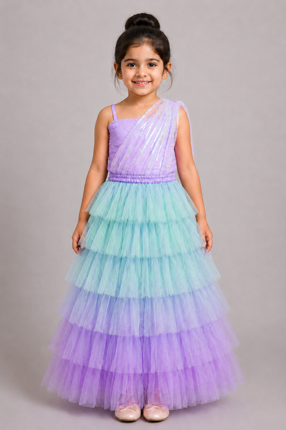 Elaisha Woven Sleeveless All Over Embroidered Top With Lehenga Set - Lavender & Blue