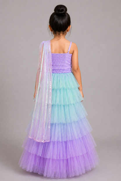 Elaisha Woven Sleeveless All Over Embroidered Top With Lehenga Set - Lavender & Blue