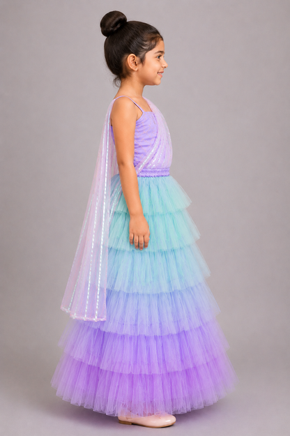 Elaisha Woven Sleeveless All Over Embroidered Top With Lehenga Set - Lavender & Blue
