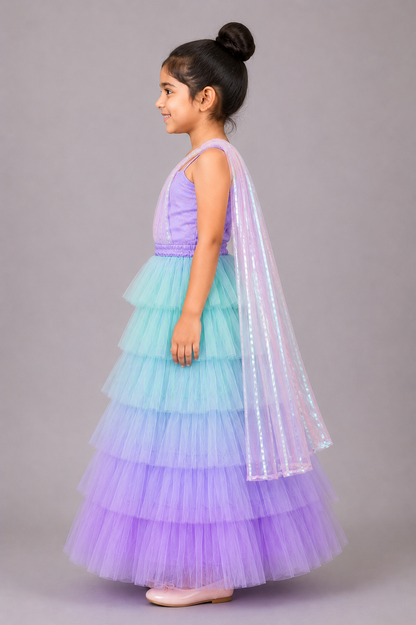 Elaisha Woven Sleeveless All Over Embroidered Top With Lehenga Set - Lavender & Blue