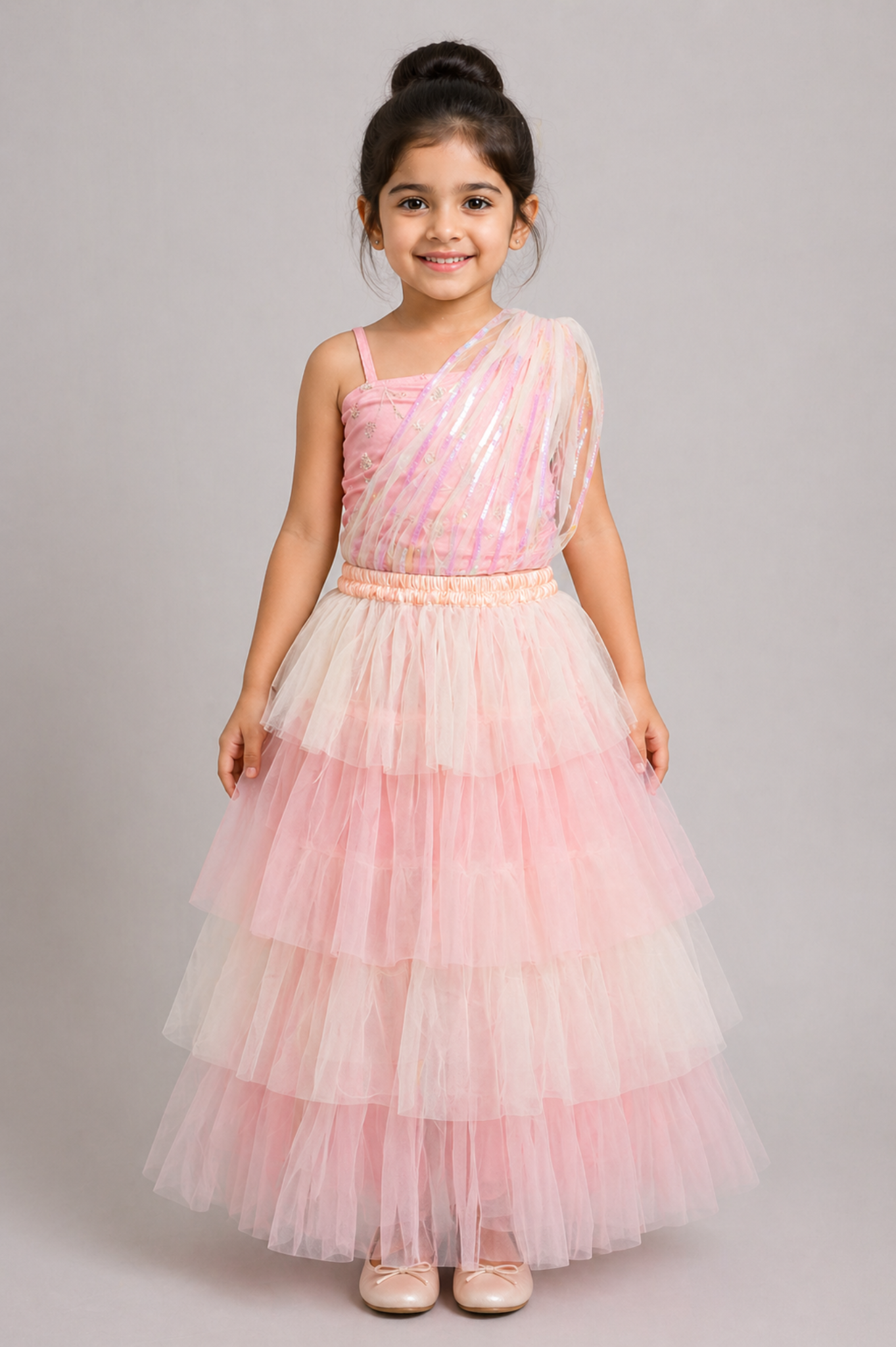 Elaisha Woven Sleeveless All Over Embroidered Top With Lehenga Set - Peach & White