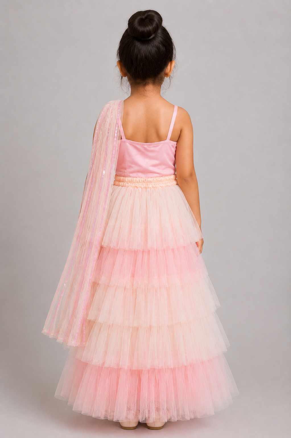 Elaisha Woven Sleeveless All Over Embroidered Top With Lehenga Set - Peach & White