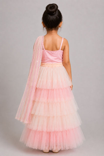 Elaisha Woven Sleeveless All Over Embroidered Top With Lehenga Set - Peach & White