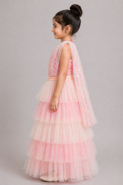 Elaisha Woven Sleeveless All Over Embroidered Top With Lehenga Set - Peach & White