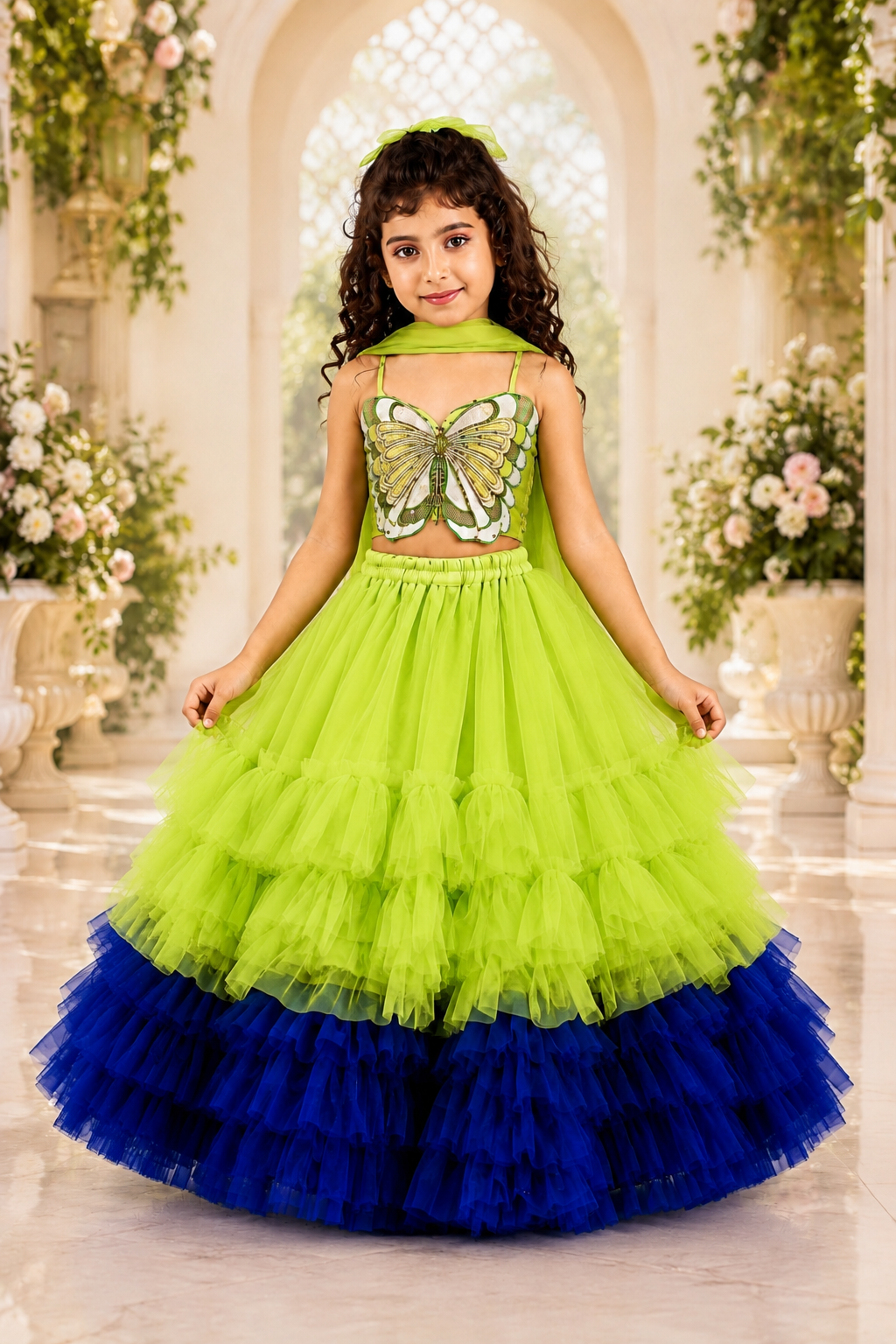 Elaisha Woven Sleeveless Placement Embroidered Top With Lehenga & Dupatta Set - Limegreen & Blue