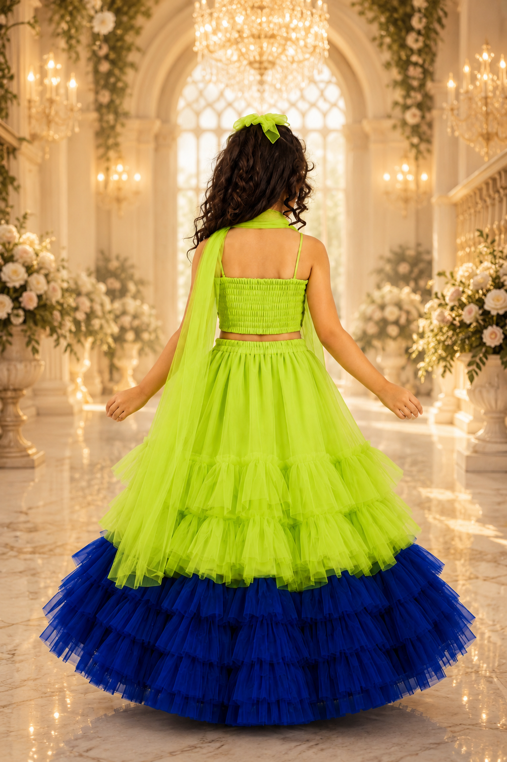 Elaisha Woven Sleeveless Placement Embroidered Top With Lehenga & Dupatta Set - Limegreen & Blue