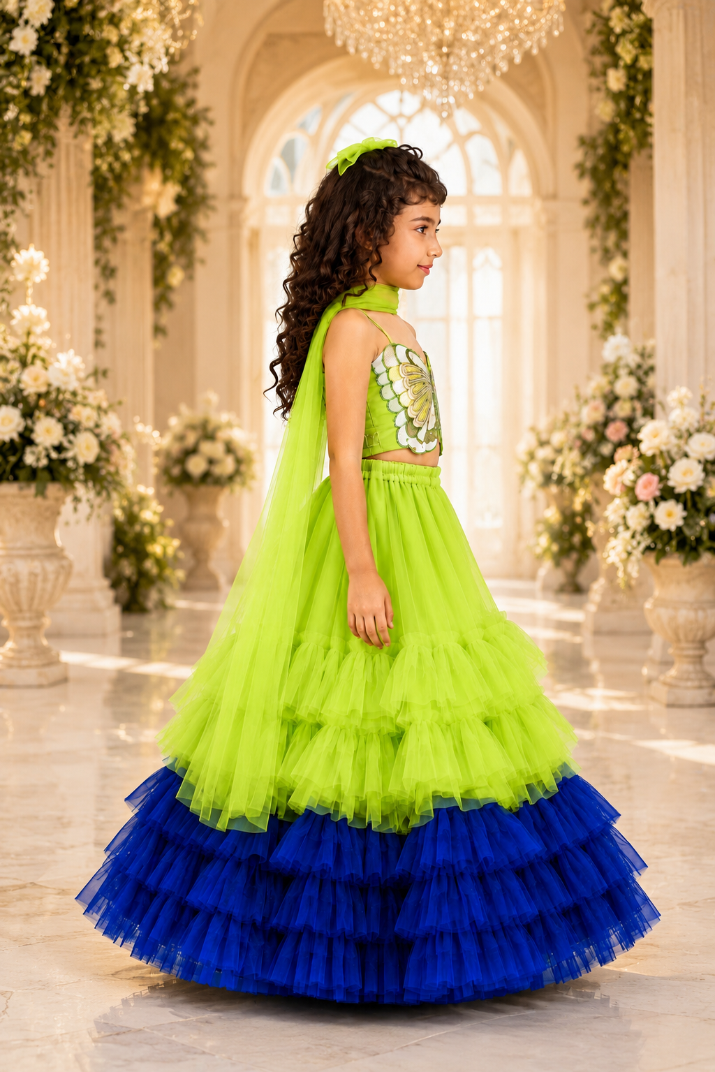 Elaisha Woven Sleeveless Placement Embroidered Top With Lehenga & Dupatta Set - Limegreen & Blue