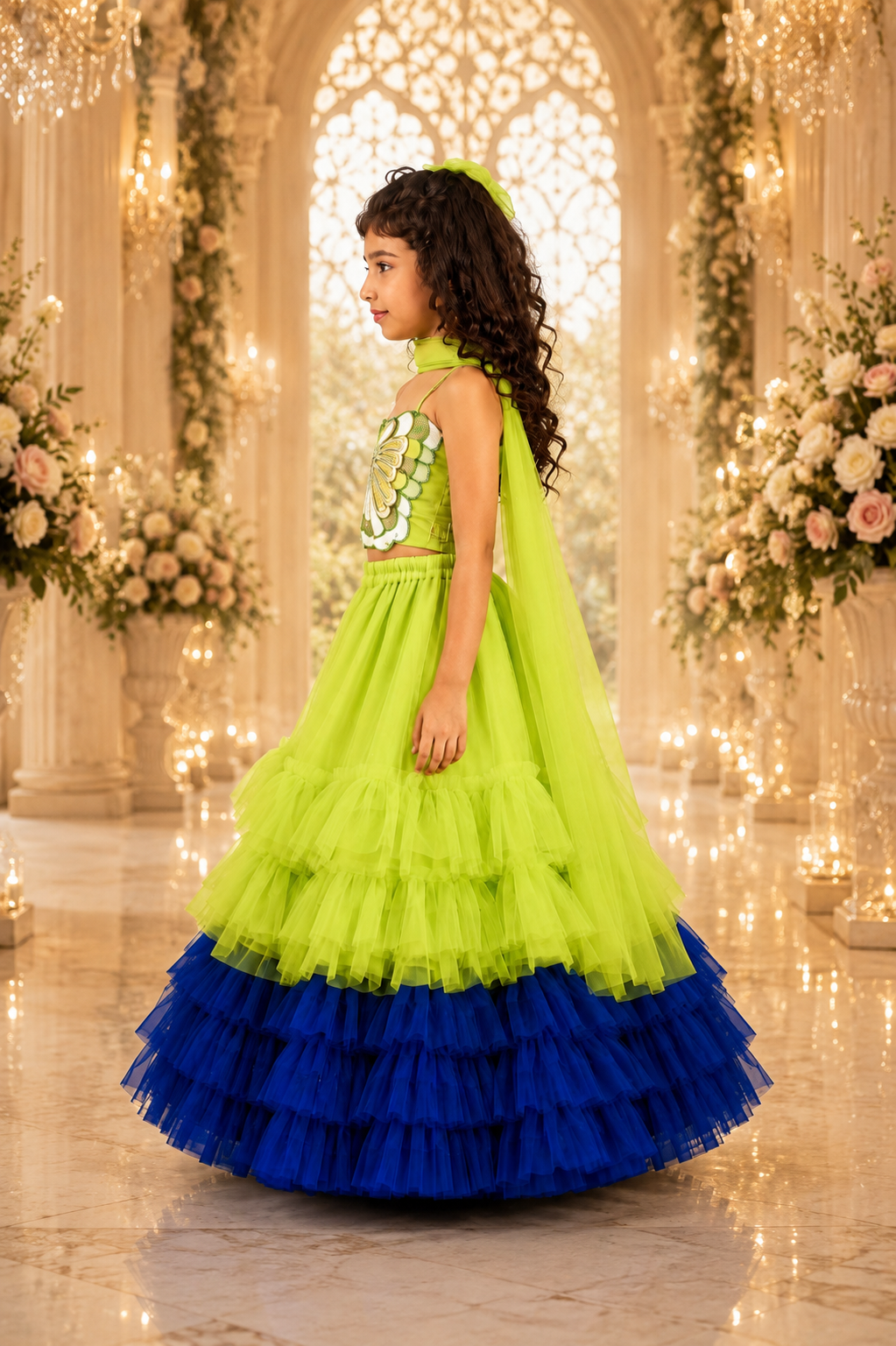 Elaisha Woven Sleeveless Placement Embroidered Top With Lehenga & Dupatta Set - Limegreen & Blue