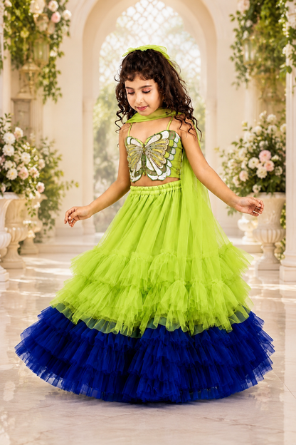 Elaisha Woven Sleeveless Placement Embroidered Top With Lehenga & Dupatta Set - Limegreen & Blue