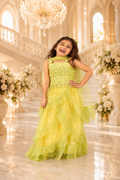 Elaisha Woven Sleeveless All Over Embroidered Top With Lehenga & Dupatta Set - Yellow
