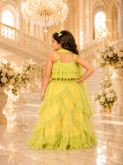 Elaisha Woven Sleeveless All Over Embroidered Top With Lehenga & Dupatta Set - Yellow