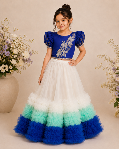 Elaisha Woven Short Sleeves Printed Top With Ruffle Lehenga Set - Blue & White