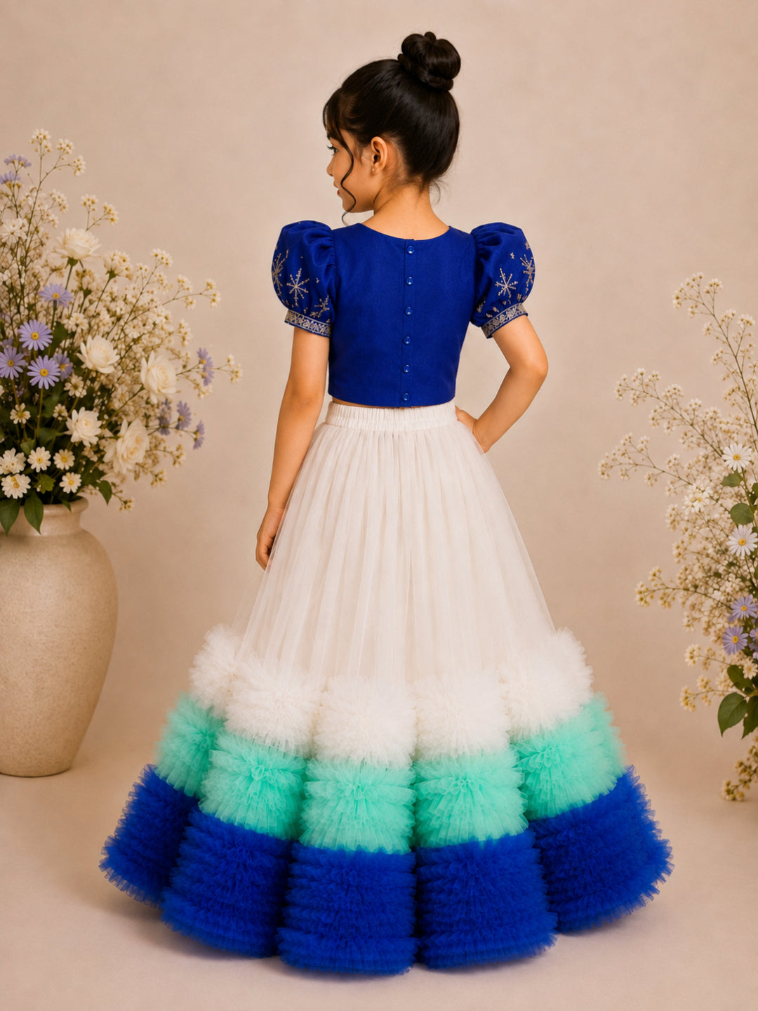 Elaisha Woven Short Sleeves Printed Top With Ruffle Lehenga Set - Blue & White