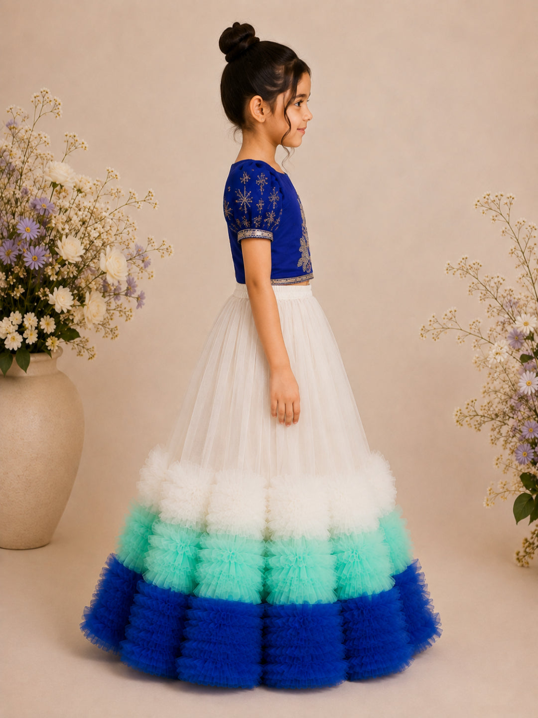 Elaisha Woven Short Sleeves Printed Top With Ruffle Lehenga Set - Blue & White
