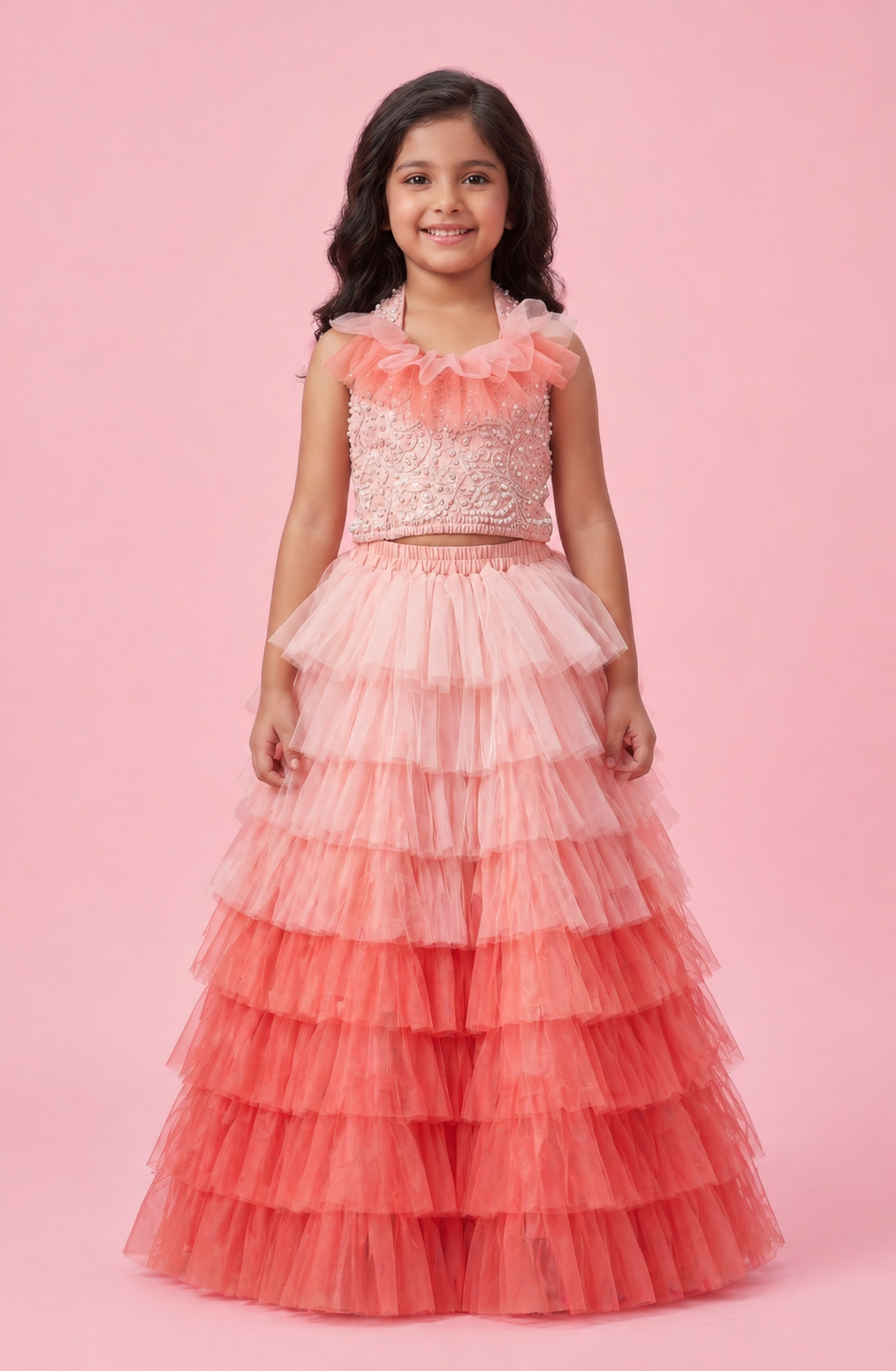 Elaisha Woven Sleeveless All Over Embroidered Top With Lehenga Set - Peach