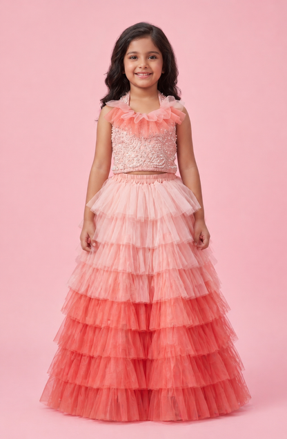 Elaisha Woven Sleeveless All Over Embroidered Top With Lehenga Set - Peach