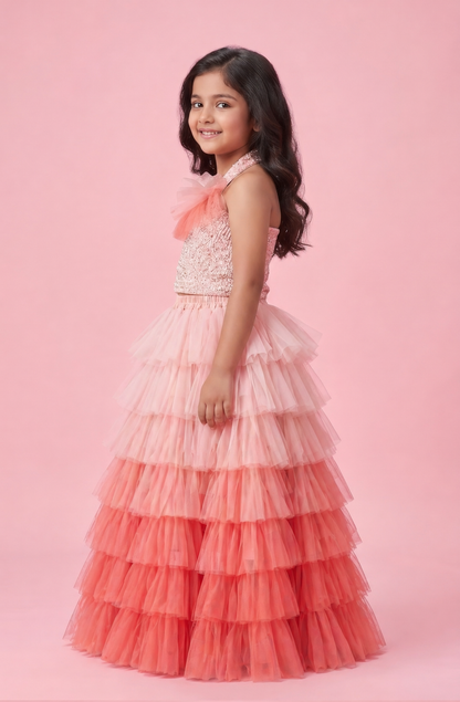 Elaisha Woven Sleeveless All Over Embroidered Top With Lehenga Set - Peach