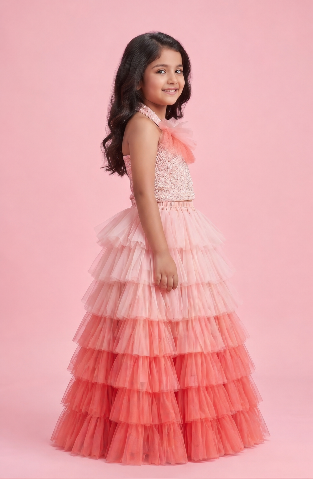 Elaisha Woven Sleeveless All Over Embroidered Top With Lehenga Set - Peach
