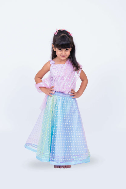 Elaisha Girls Sequin Top with Draped Dupatta & Printed Net Skirt Set - Mauve