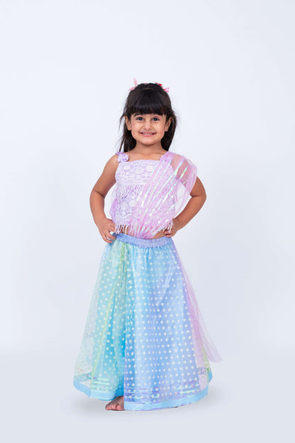 Elaisha Girls Sequin Top with Draped Dupatta & Printed Net Skirt Set - Mauve