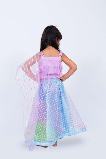 Elaisha Girls Sequin Top with Draped Dupatta & Printed Net Skirt Set - Mauve