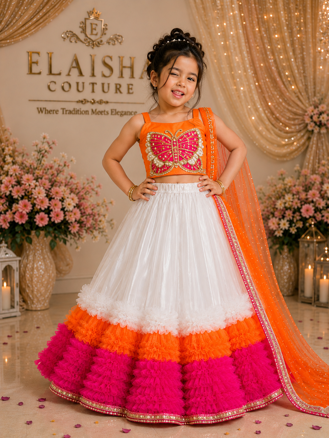 Elaisha Woven Sleeveless Placement Embroidered Top With Lehenga & Dupatta Set - Orange & White